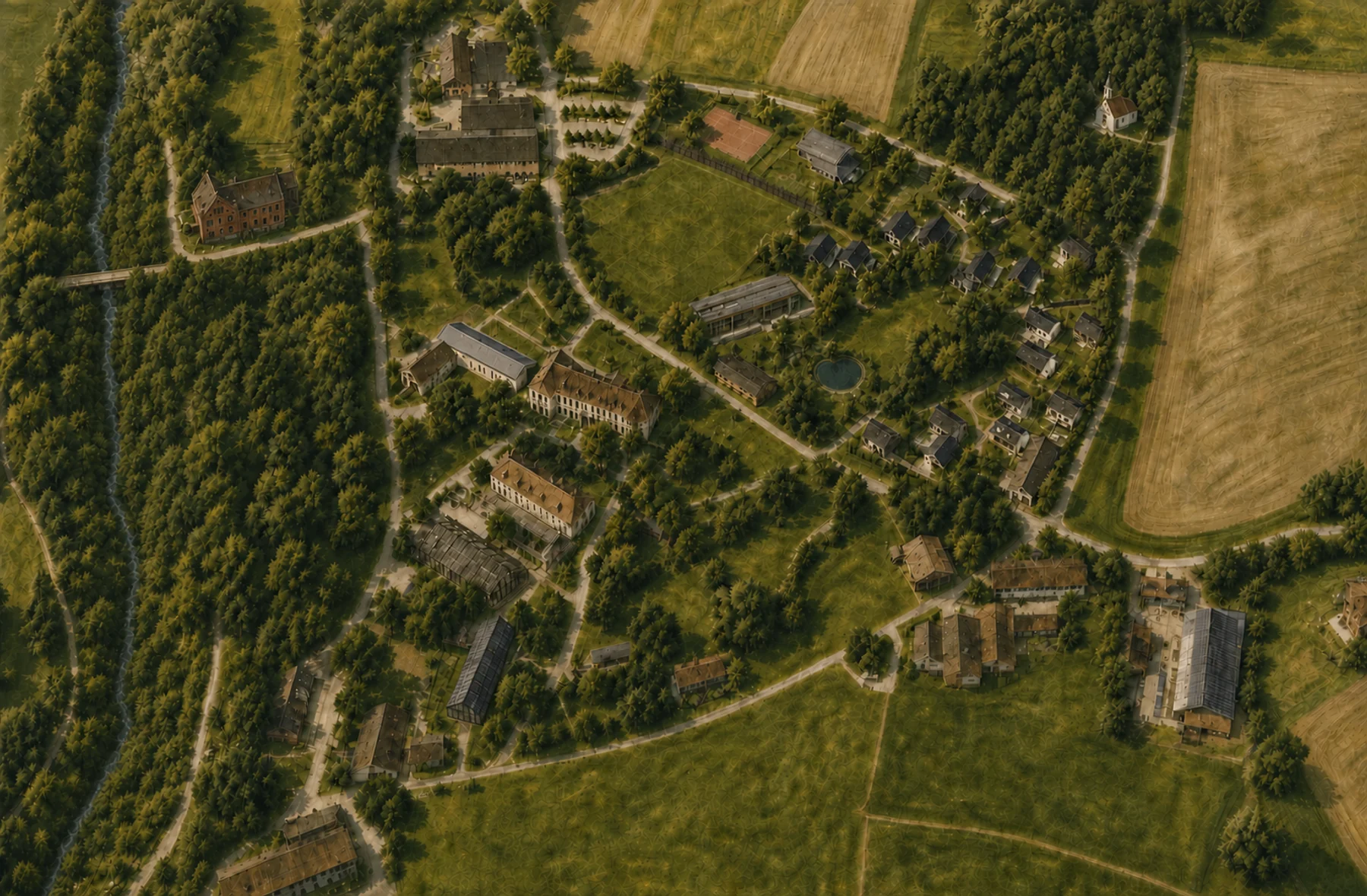 Illustrierte Luftansicht von Piusheim mit Bisteria, Galanthus, Haupthaus, Wohnhäusern, Betrieben, Feldern und Glonn