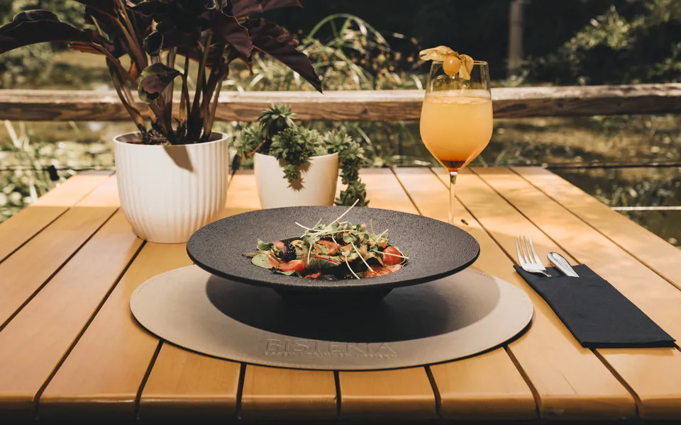Gedeckter Tisch am Teich mit Salatschale und Aperitif