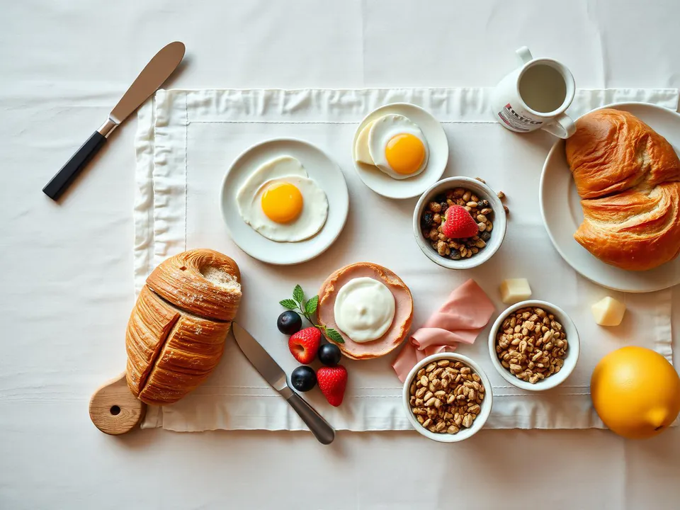 Frühstücksbrettl mit Brot, Croissant, Käse, Ei und Obst auf Leinen