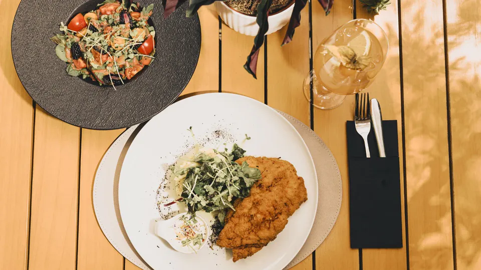 Wiener Schnitzel mit Kartoffel-Gurkensalat von oben fotografiert